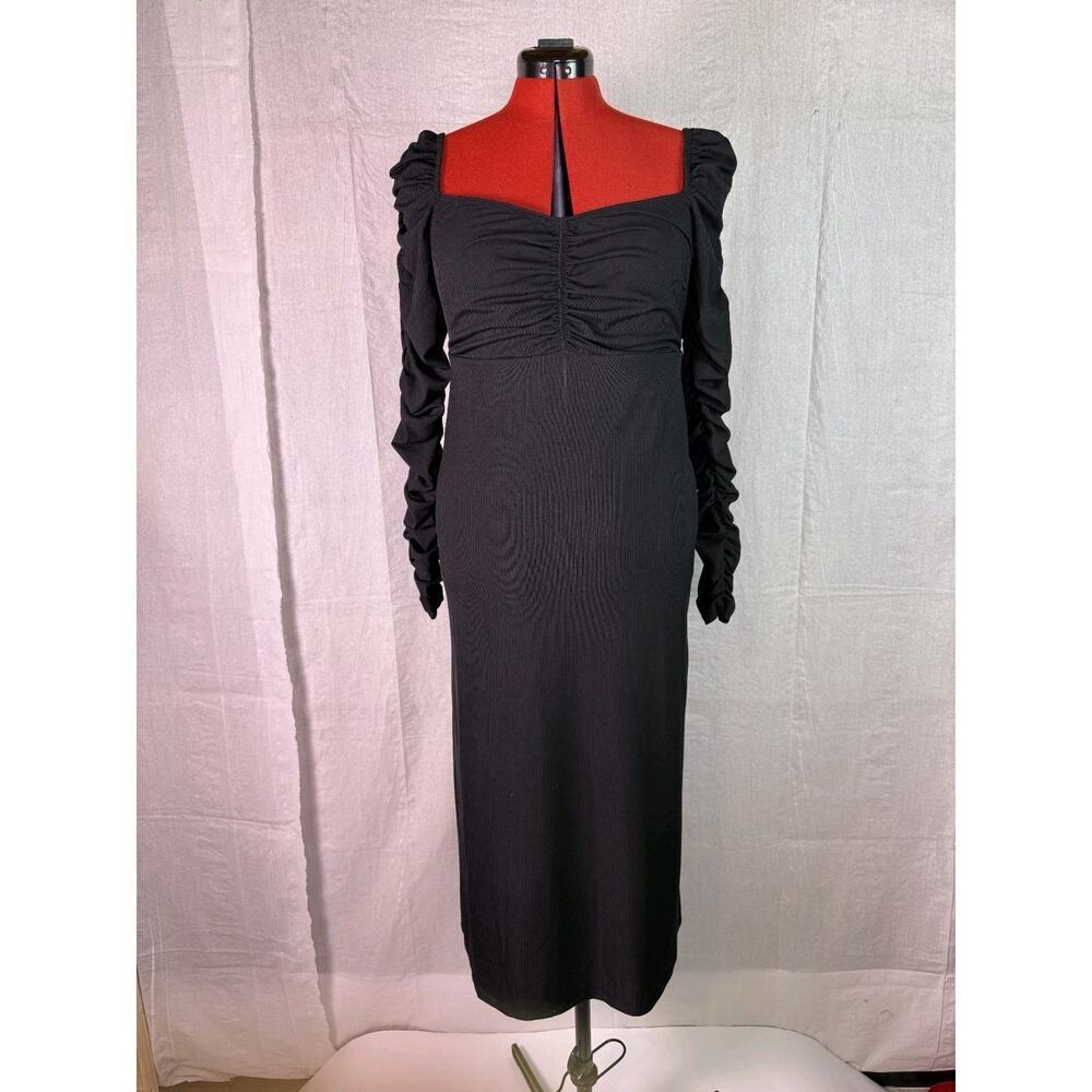Topshop Black Ruched Rib Long Sleeve Dress Size 12 Party Formal C748